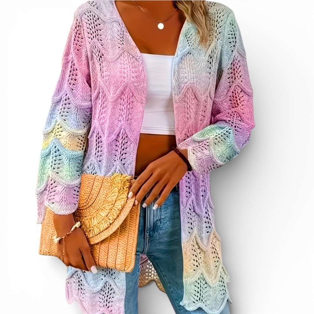 Colorful Knit Open Front Cardigan With Scalloped Finish New